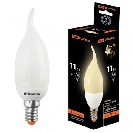 TDM ELECTRIC SQ0323-0136 Лампа энергосберегающая КЛЛ-СW-11 Вт-2700 К–Е14 TDM (свеча на ветру) (mini)